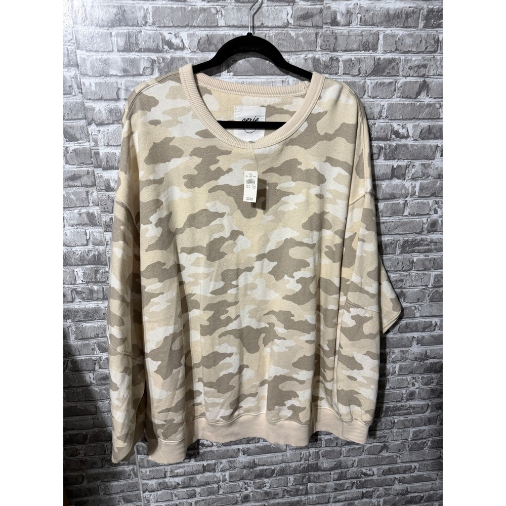 Aerie Real Good Camo Oversized Sweatshirt Cream Tan XL 065-0743-3833